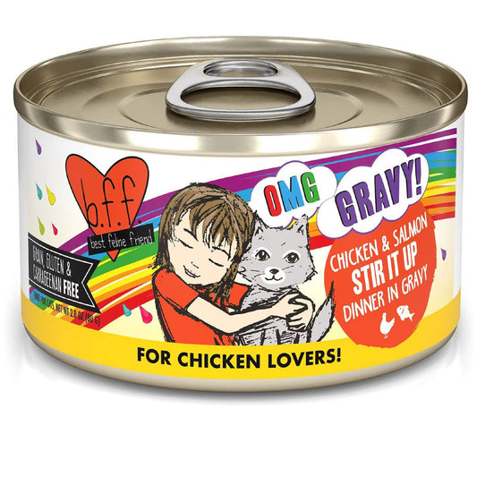 BFF OMG Stir It Up! Chicken & Salmon in Gravy Wet Canned Cat Food, 2.8-oz can, case of 12