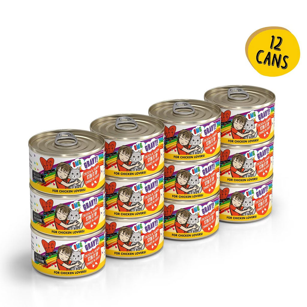 Set of 12 canned pet food with colorful labels on a white background