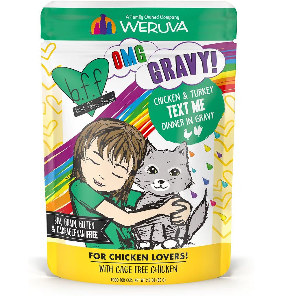 Weruva cat food pouch with colorful design and text