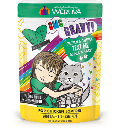 Weruva cat food pouch with colorful design and text