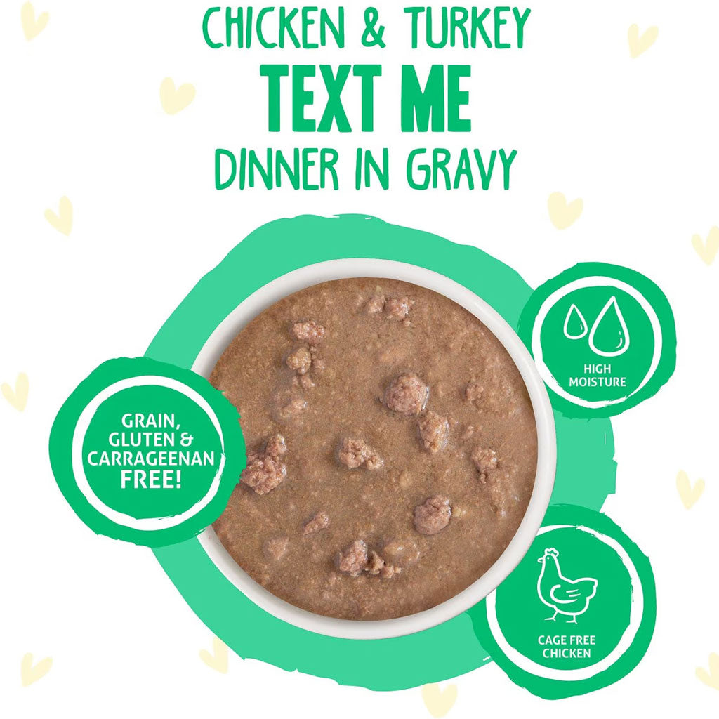 Cat food bowl with chicken and turkey text me dinner in gravy on a white background