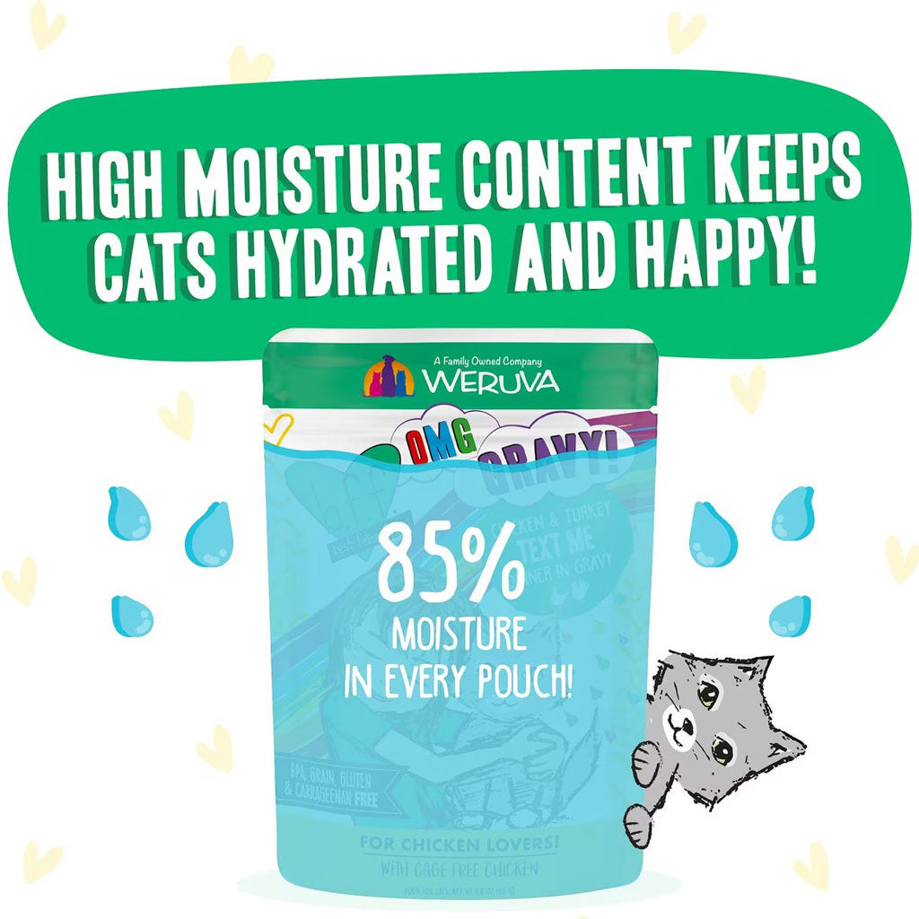 Weruva cat food pouch with text about high moisture content on a white background