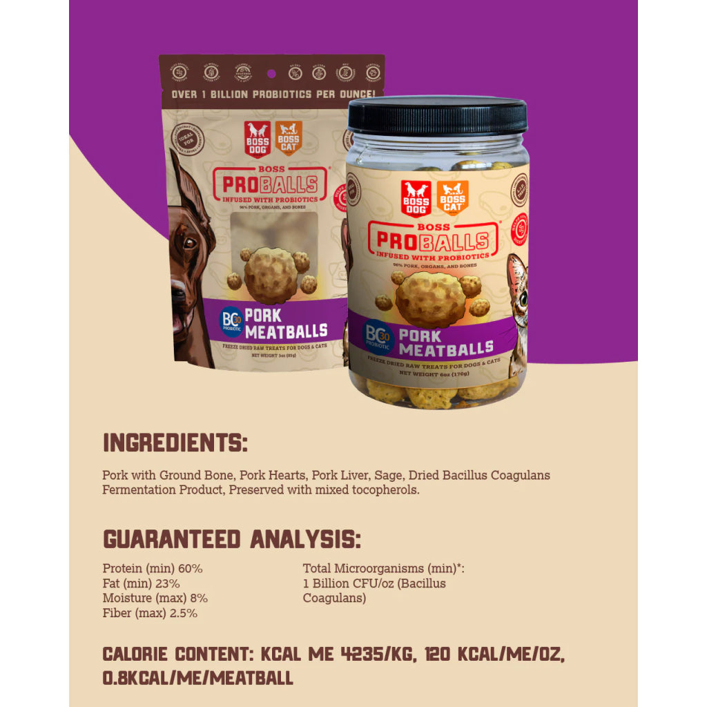Boss Dog Proballs Freeze Dried Raw Pork Meatballs with Probiotics Treats for Dogs & Cats