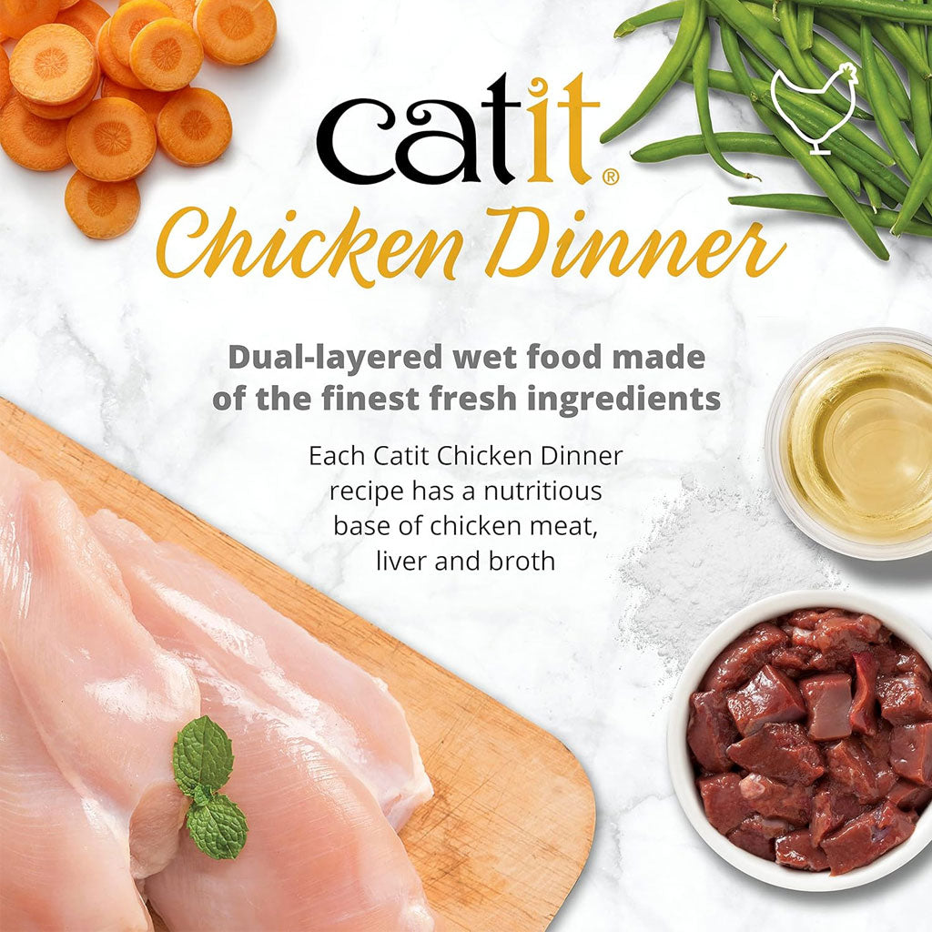 Catit Chicken Dinner packaging with ingredients and text on a white background