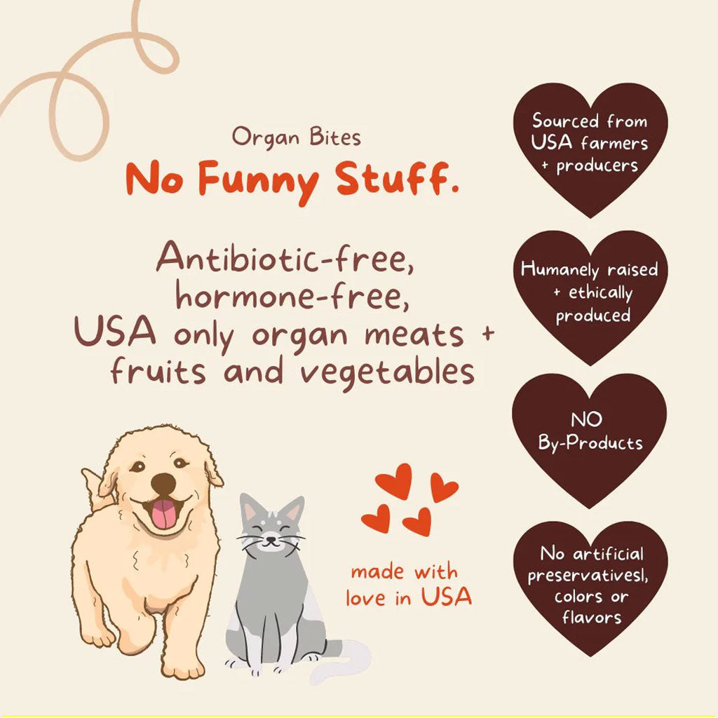 Advertisement for Organ Bites pet food with text about product attributes on a beige background.