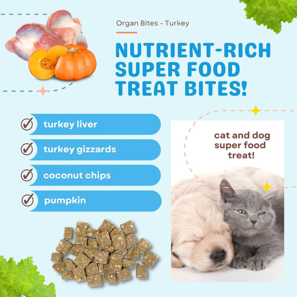 Advertisement for Organ Bites Turkey nutrient-rich super food treat bites with ingredients and images of a dog and cat.