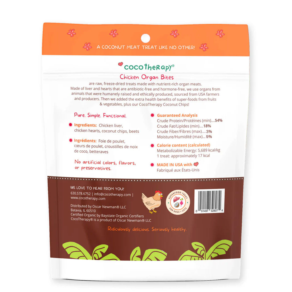 CocoTherapy Chicken Organ Bites packaging with text and branding on a white background