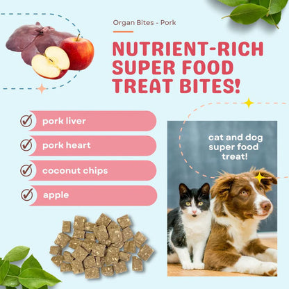 Promotional image of nutrient-rich super food treat bites for pets with ingredients listed and a photo of a cat and dog.
