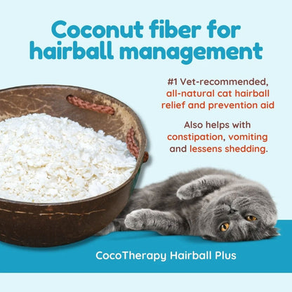 Cat lying next to a bowl of coconut fiber with text about hairball management and constipation relief.