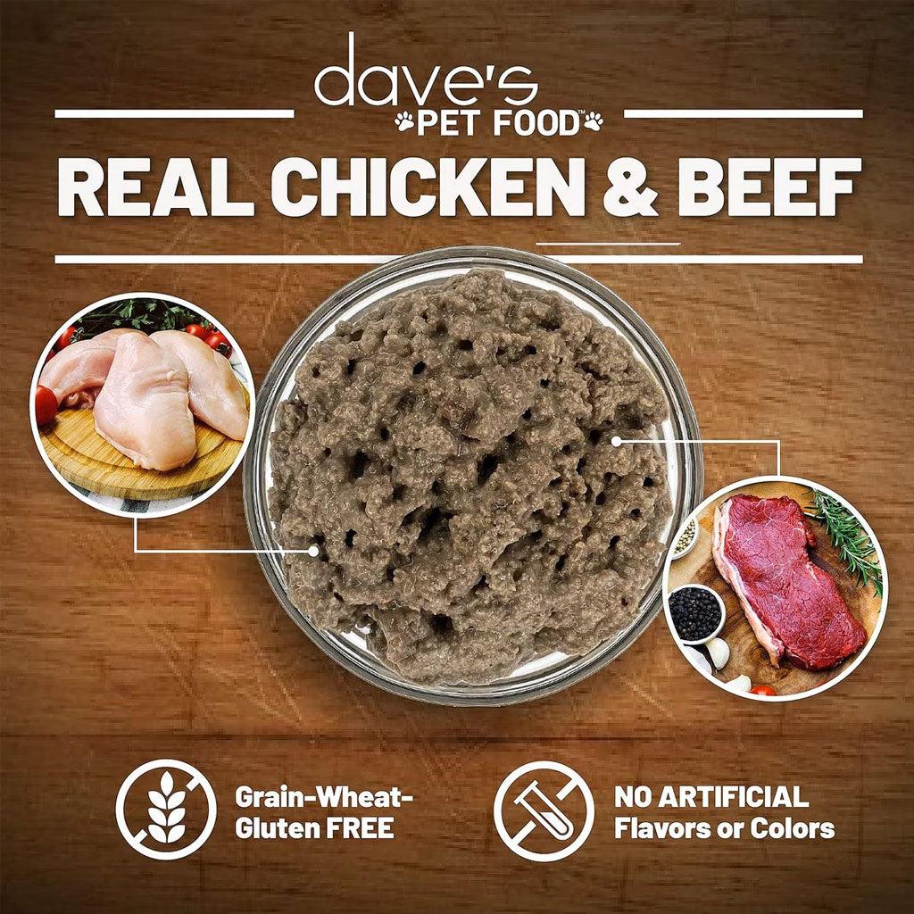 Pet food with real chicken and beef ingredients on a wooden background, featuring Dave's Pet Food branding.