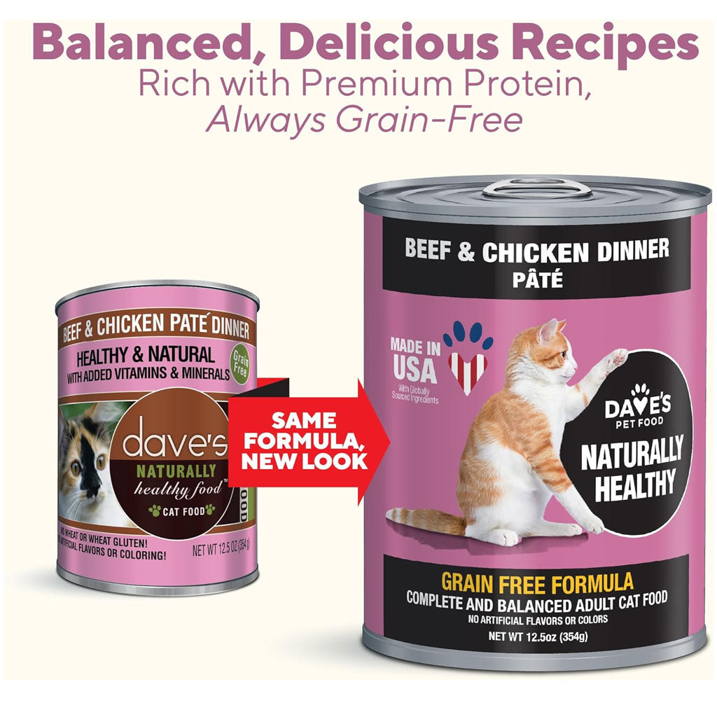 Two cans of Dave's Pet Food cat food on a white background with text about balanced recipes and premium protein.