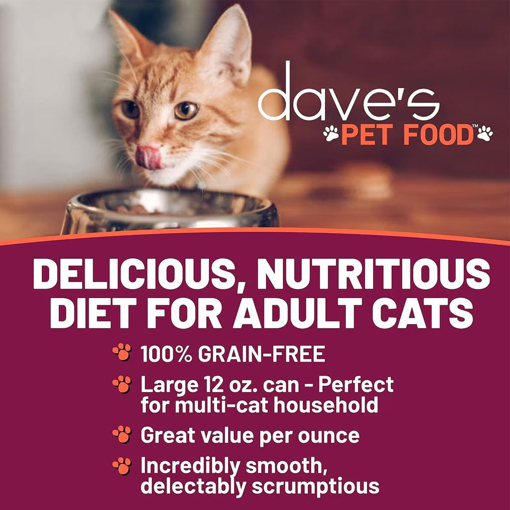 Cat looking at a bowl with dave's Pet Food branding and product features.