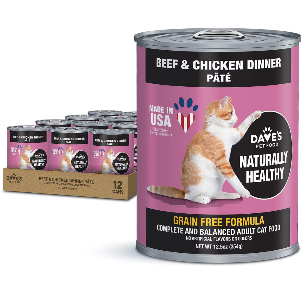 Dave's Pet Food Beef & Chicken Pate Dinner Canned Wet Cat Food, 12.5-oz can, case of 12
