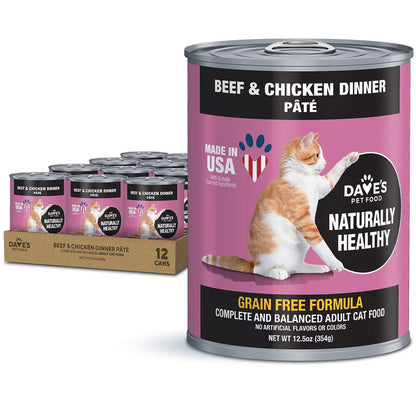 Dave's Pet Food Beef & Chicken Pate Dinner Canned Wet Cat Food, 12.5-oz can, case of 12