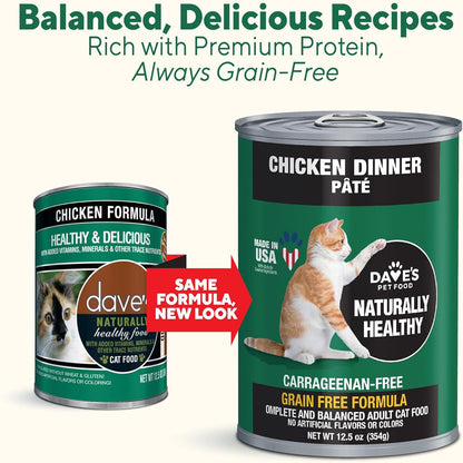 Two cans of Dave's Pet Food cat food with text highlighting balanced recipes and grain-free status.