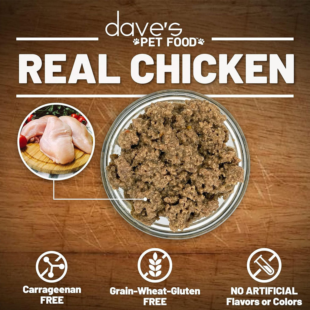 Pet food product with chicken meat and text highlighting 'Real Chicken' and allergen-free attributes on a wooden background.