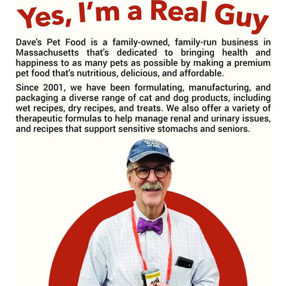 Man wearing a cap and glasses with text about Dave's Pet Food on a white background