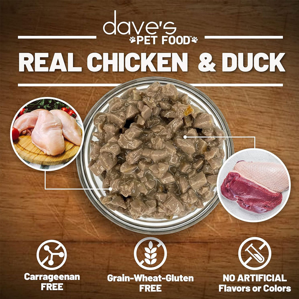 Dietary label for dave's Pet Food with a bowl of pet food, chicken, duck, and certification icons on a wooden background.