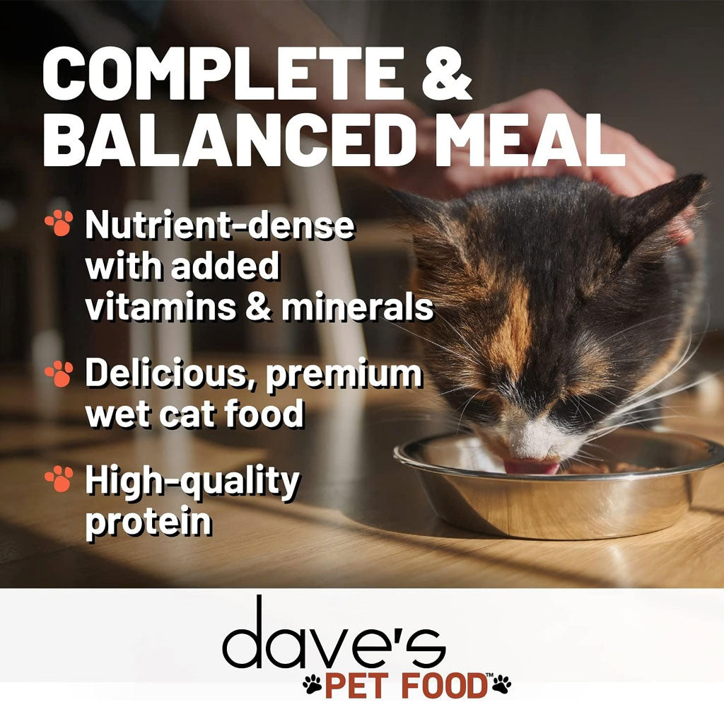 Cat drinking from a bowl with text about dave's pet food, including 'Complete & Balanced Meal' and brand logo.