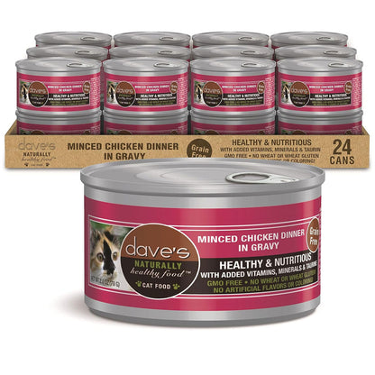 Dave's Pet Food Minced Chicken Dinner in Gravy Canned Wet Cat Food, 2.8-oz can, case of 24