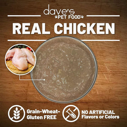 Dave's Pet Food real chicken pet food on a wooden background with chicken image and text about ingredients.