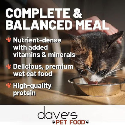 Cat drinking from a bowl with text about dave's pet food, including 'Complete & Balanced Meal' and product features.