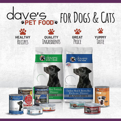 Dave's Pet Food products for dogs and cats on a white background with text highlighting features.