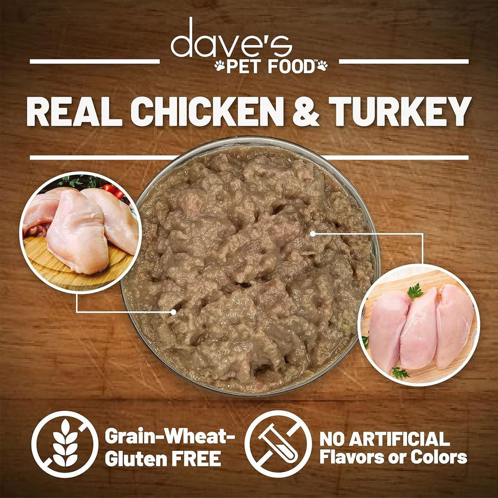 Dave's Pet Food real chicken and turkey pet food on a wooden background