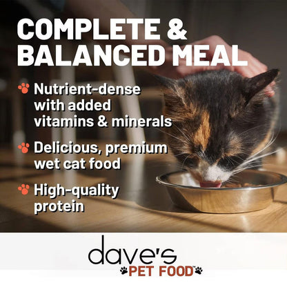 Cat drinking from a bowl with text about dave's pet food, including 'Complete & Balanced Meal' and brand logo.