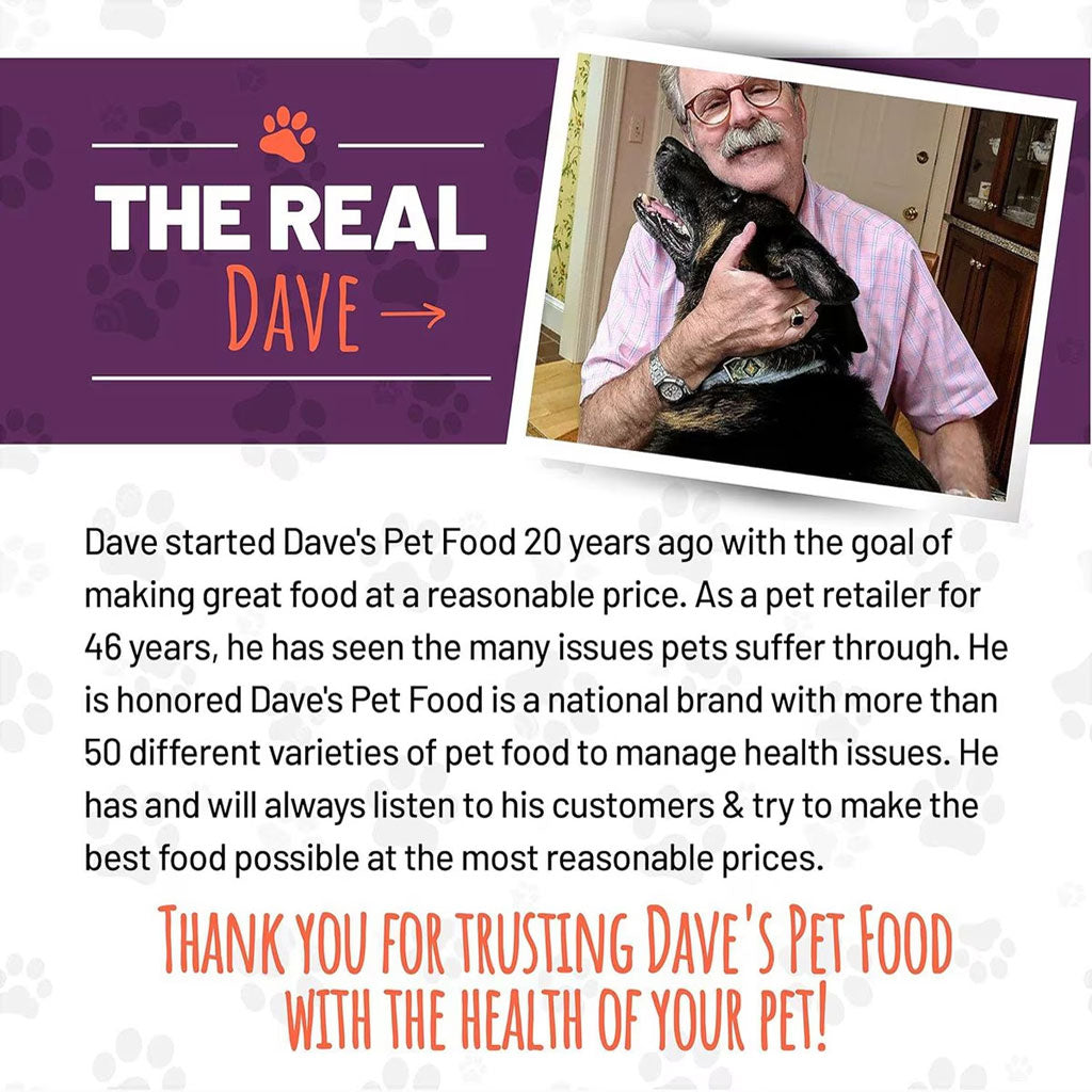 Advertisement for Dave's Pet Food featuring a man with a dog and text about the brand's history and values.
