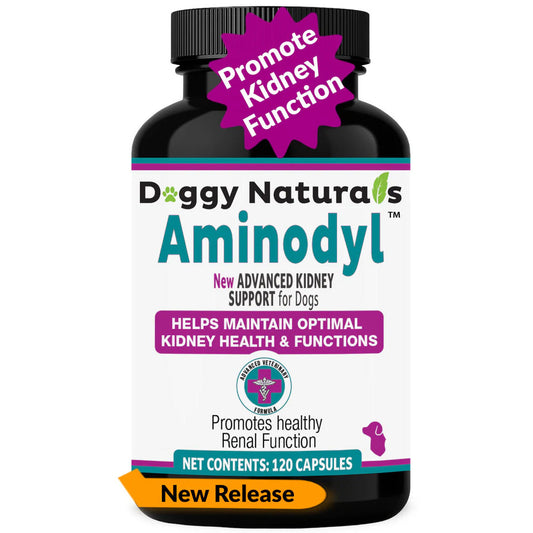 Bottle of Doggy Naturals Aminodyl with promotional text on a white background