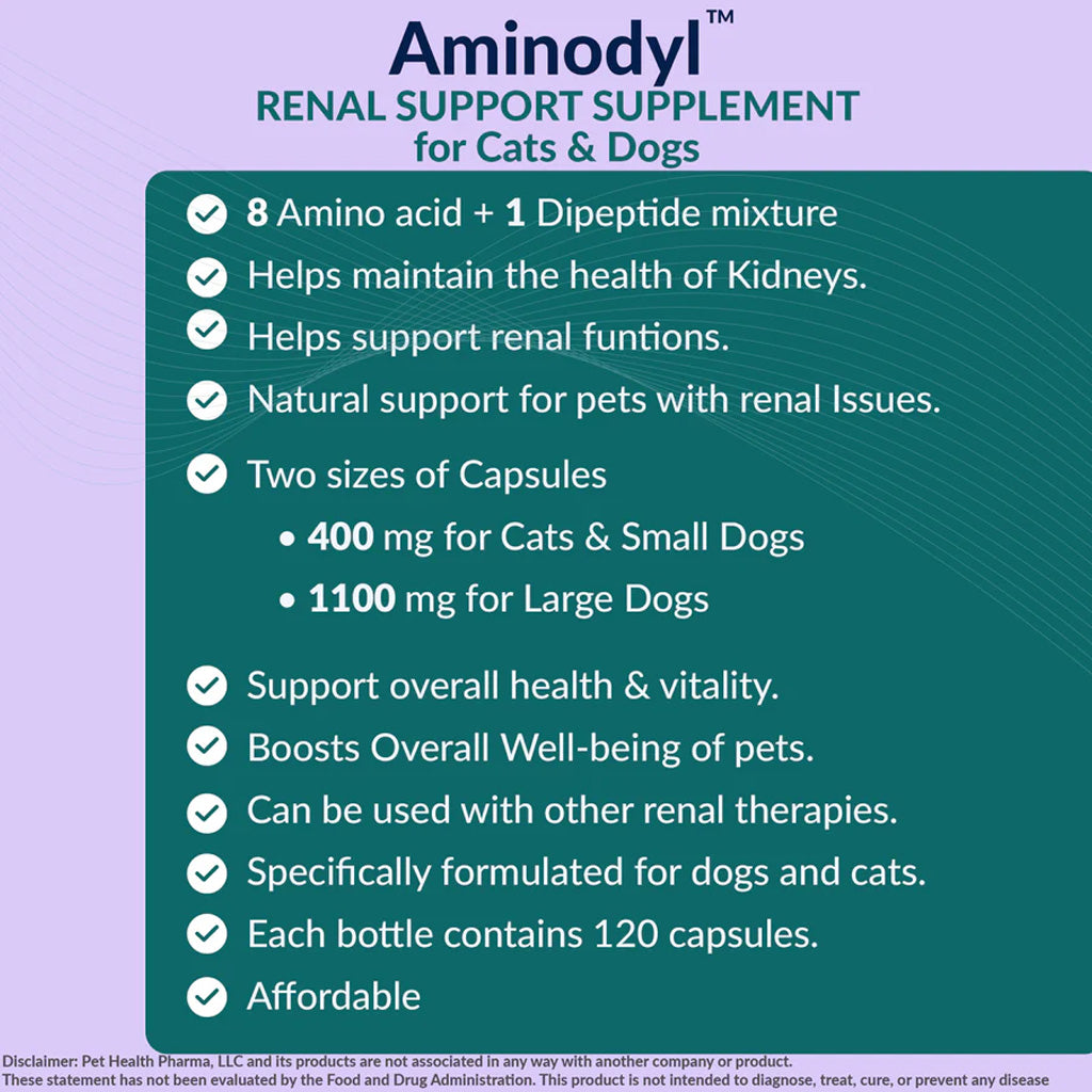 Aminodyl renal support supplement for cats and dogs on a purple and green background