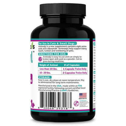 Supplement bottle label for cats and small dogs on a white background