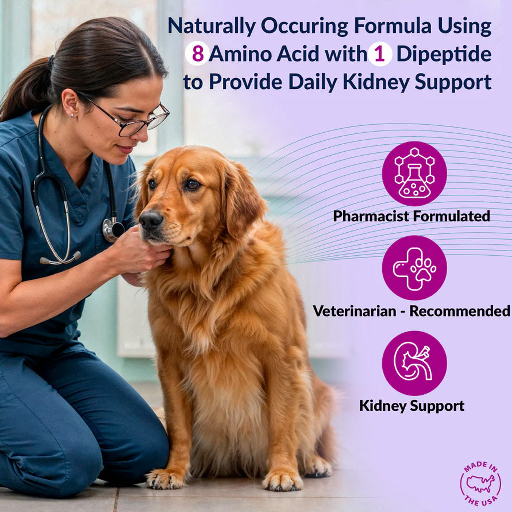 Veterinarian examining a dog with product information about kidney support on a purple background