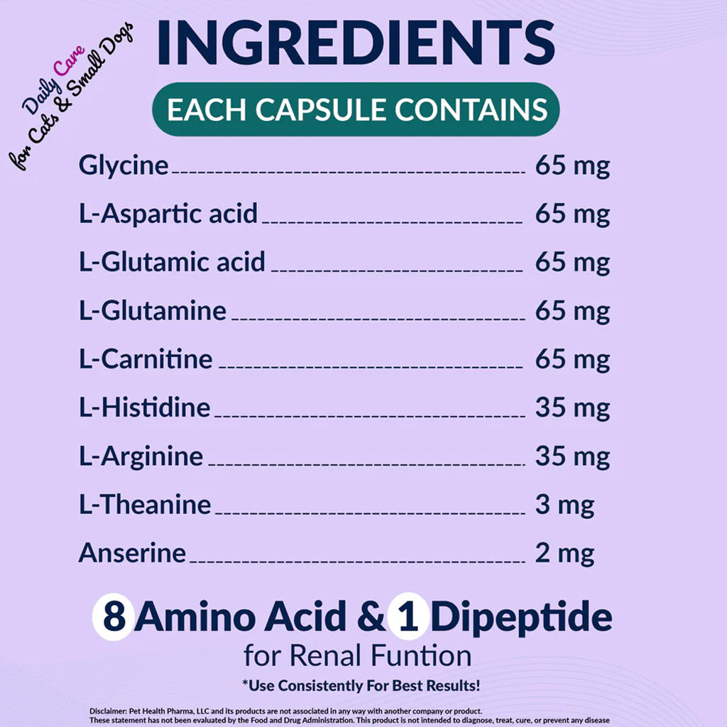 List of ingredients in capsules with their respective amounts on a purple background