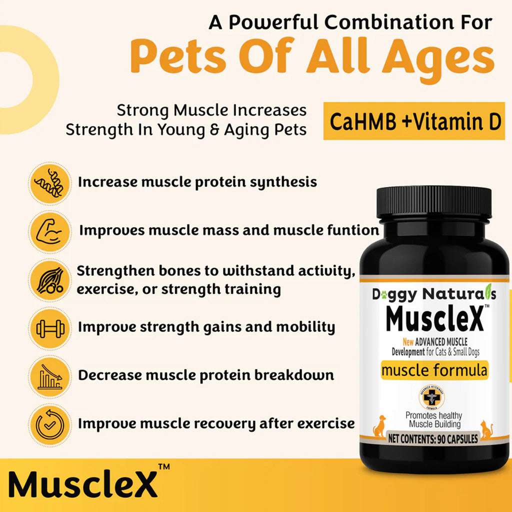 Doggy Nature's MuscleX muscle formula supplement bottle with text on a yellow background