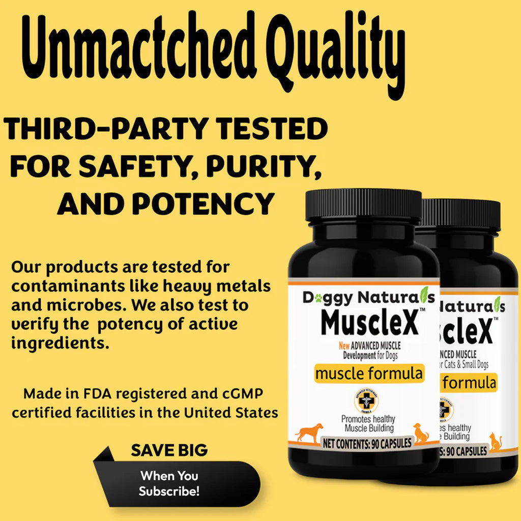 Doggy Nature's MuscleX muscle formula supplement bottles with text on a yellow background