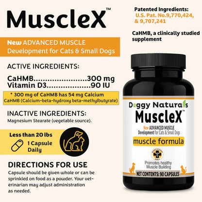 Doggy Naturals MuscleX supplement bottle with label and text about active and inactive ingredients.