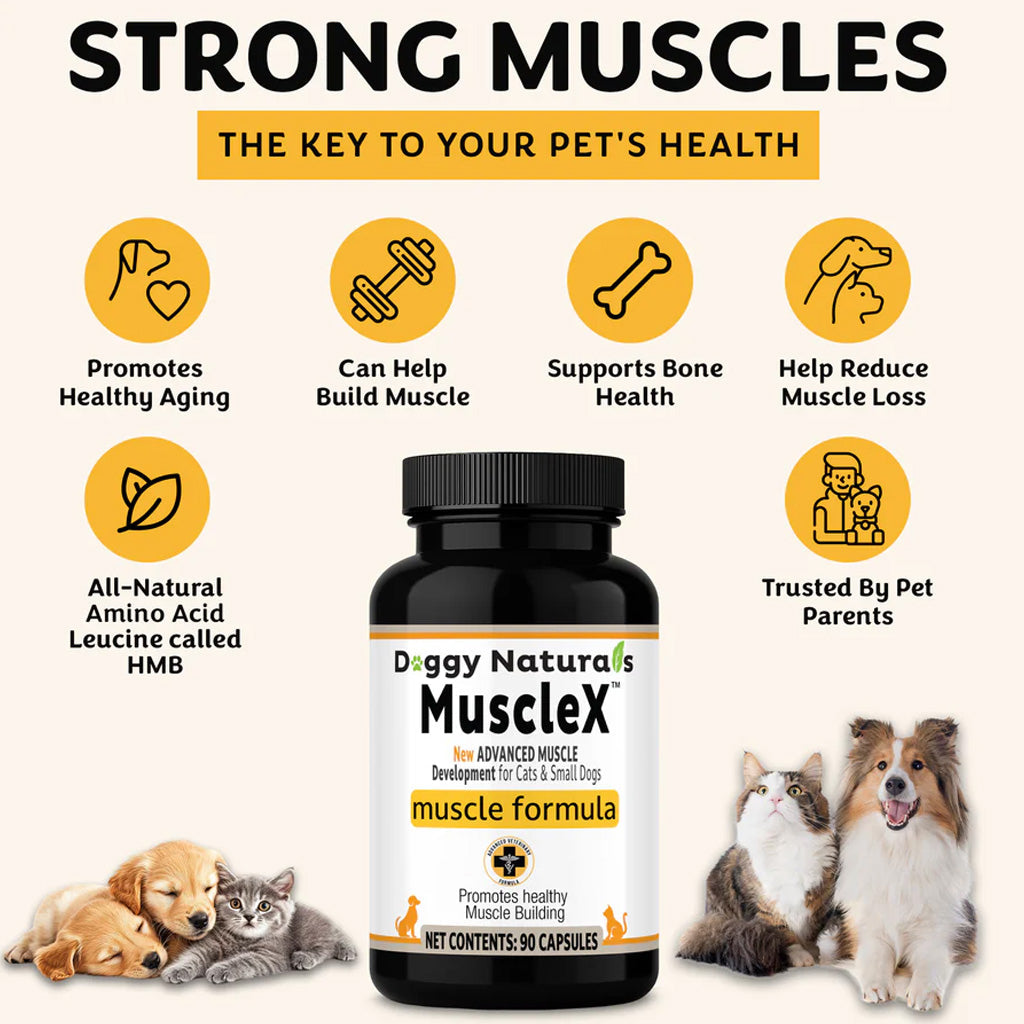 Doggy Naturals Musclex supplement bottle with images of pets and text about its benefits on a white background.