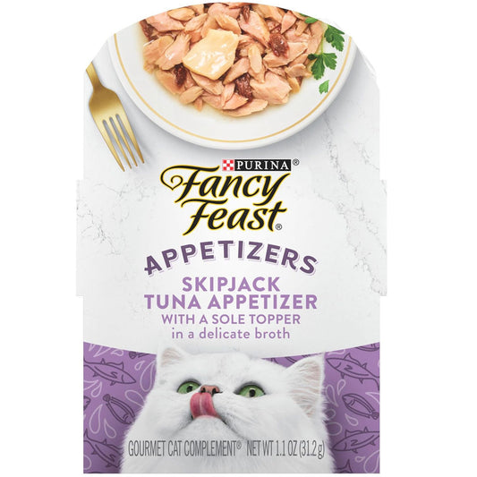 Fancy Feast Appetizers, Skipjack Tuna with a Sole Topper, Lickable Cat Treats, 1.1-oz tray, case of 10