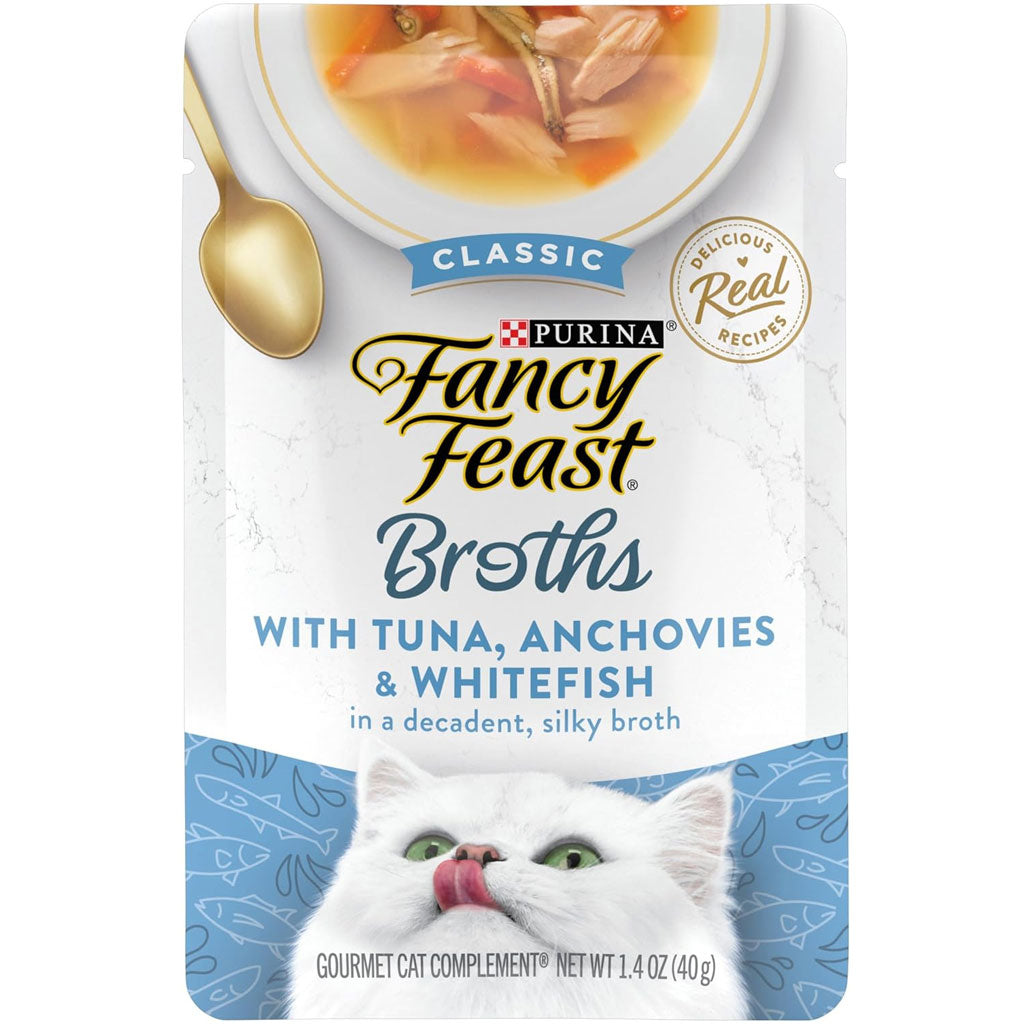 Fancy Feast Classic Broths with Tuna, Anchovies & Whitefish Supplemental Wet Cat Food Pouches, 1.4-oz pouch, case of 16