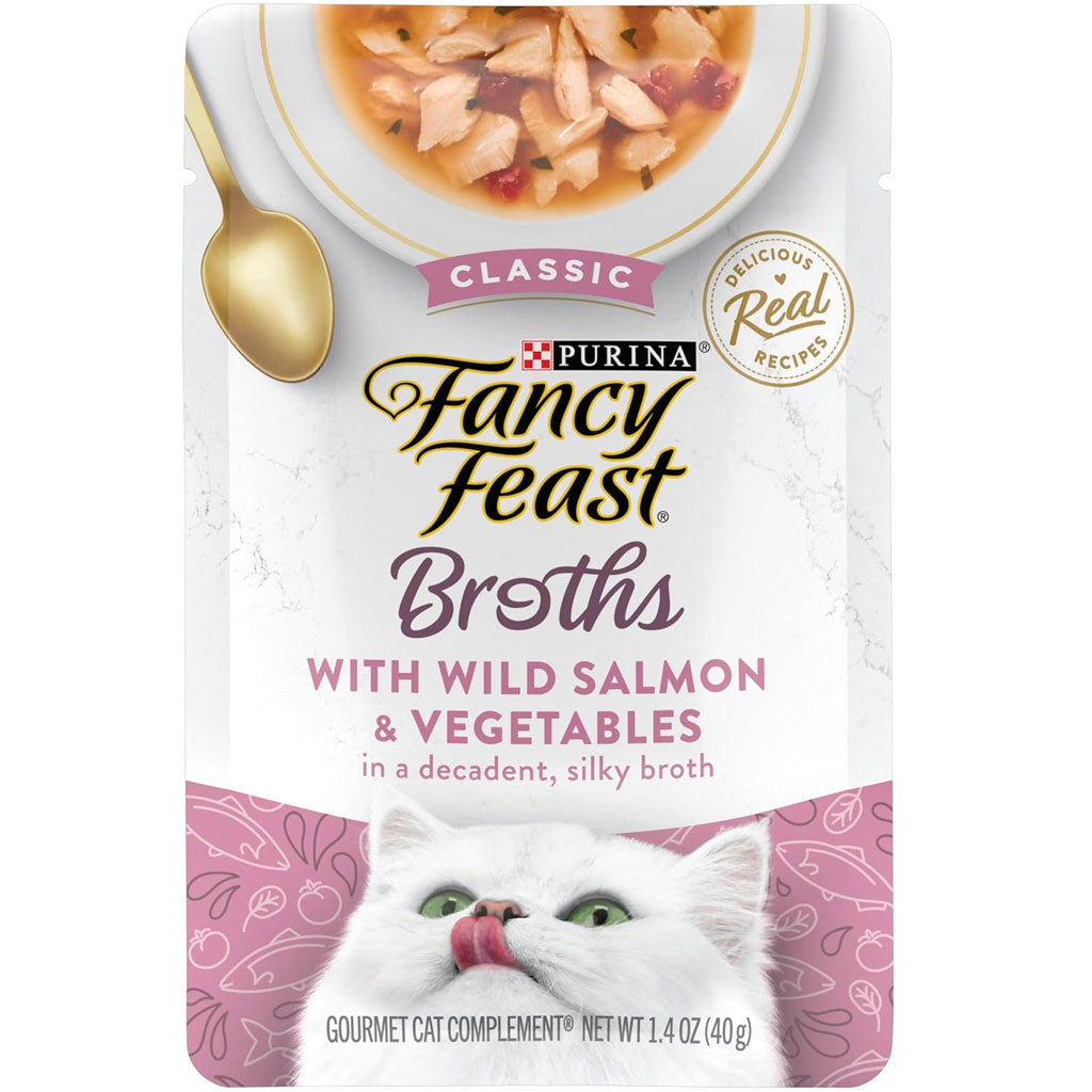 Fancy Feast Classic Broths with Wild Salmon & Vegetables Supplemental Wet Cat Food Pouches, 1.4-oz pouch, case of 16
