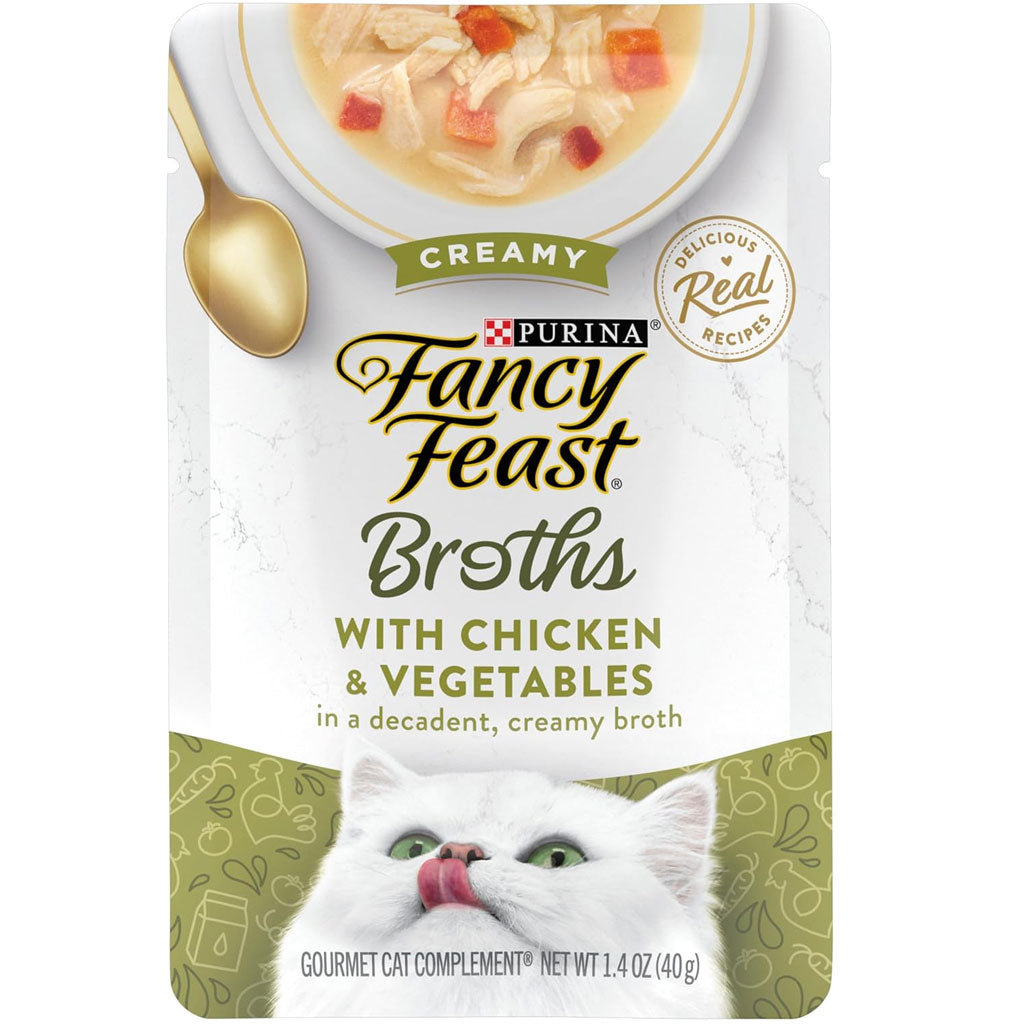 Fancy Feast Creamy Broths with Chicken & Vegetables Supplemental Wet Cat Food Pouches, 1.4-oz, case of 16