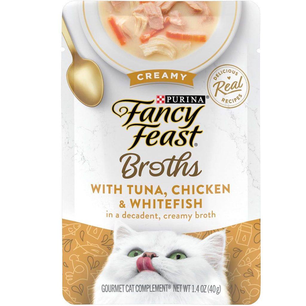 Fancy Feast Creamy Broths with Tuna, Chicken & Whitefish Supplemental Wet Cat Food Pouches, 1.4-oz, case of 16