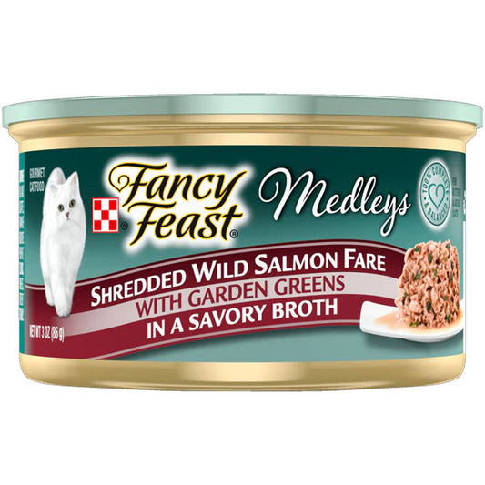 Fancy Feast Medleys Shredded Wild Salmon Fare in Broth Wet Cat Food, 3-oz case of 24