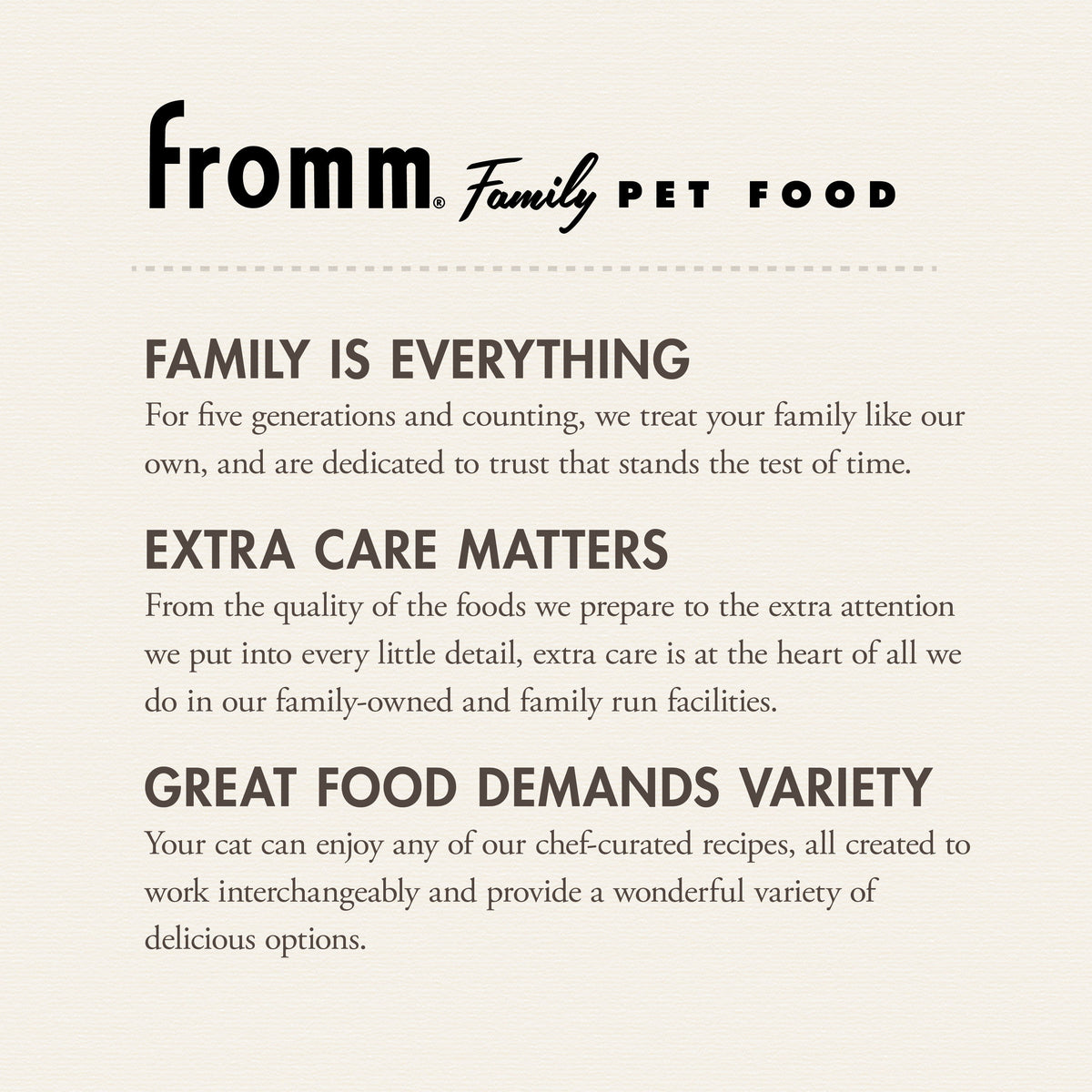 Fromm Family Pet Food advertisement with text about their commitment to pet care.