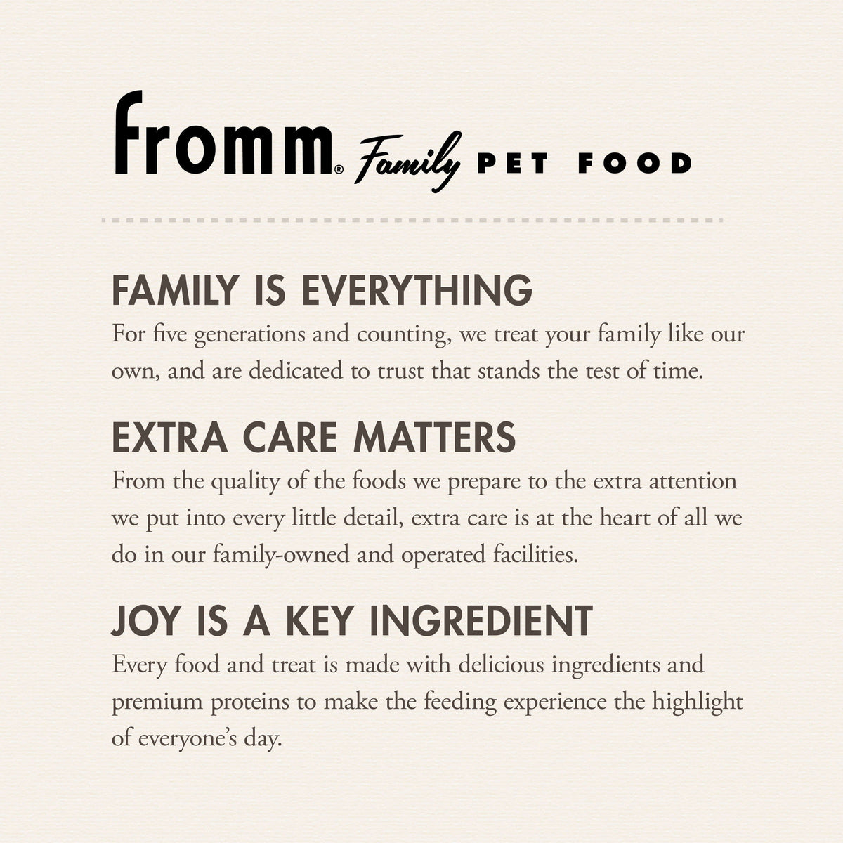 Fromm Family Pet Food advertisement with text about their commitment to pet care.