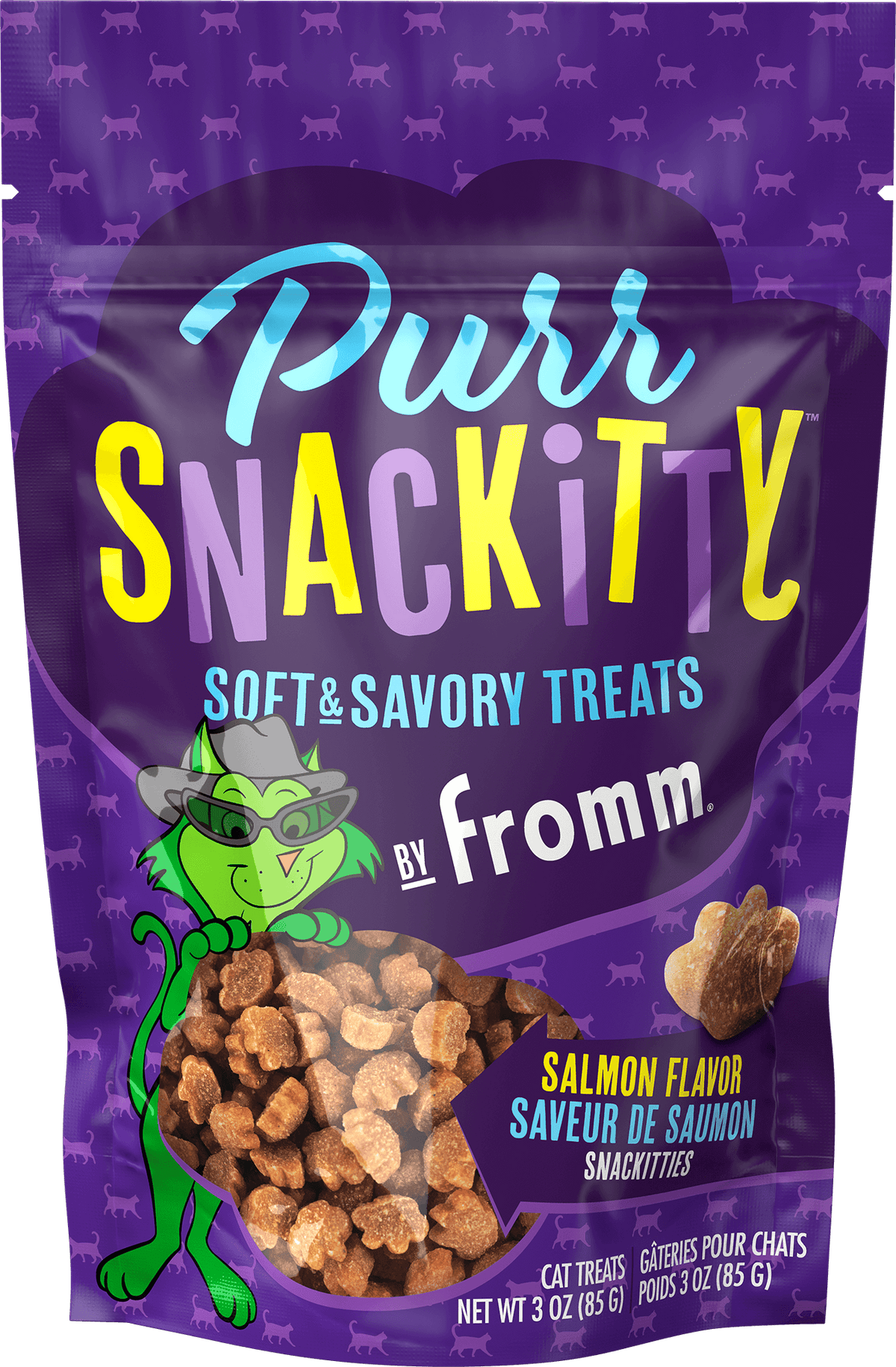 Puri Snackitty soft and savory treats packaging by Fromm on a purple background with cat illustrations.