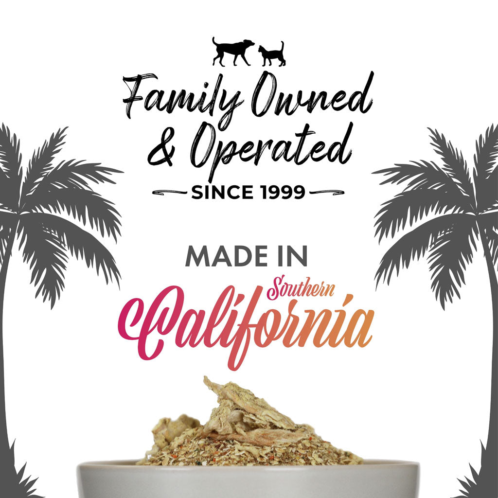 Product with 'Family Owned & Operated Since 1999, Made in Southern California' text and palm tree silhouettes.