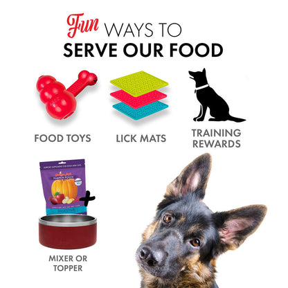 Dog products including food toys, lick mats, training rewards, and a mixer or topper with a dog looking at the camera.
